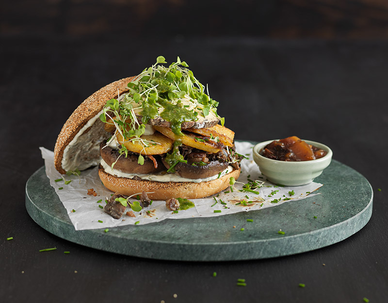 Smoked Mushroom & Kāpiti Kikorangi Blue Cheese Burger with Salsa Verde